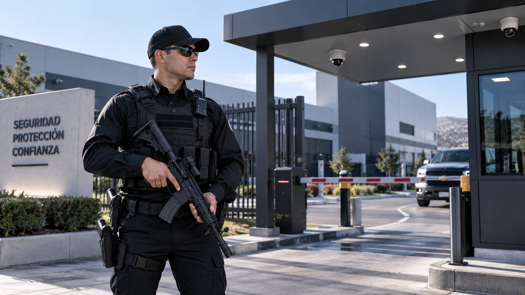 Guardia de seguridad en acceso corporativo